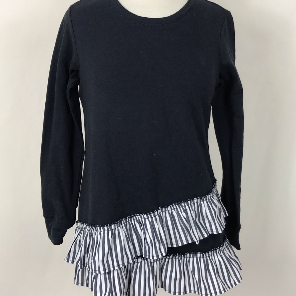 Bobeau LS Ruffle Hem Top Navy Small